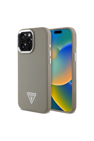 Apple Uyumlu iPhone 13 Pro Max Kılıf Guess Lisanslı M-safe Şarj Özellikli Grained Triangle Kapak Kahverengi