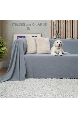 Kaymaz Koltuk Örtüsü Çift Taraflı Mikrofiber Şönil 175x350 Cm Xl- Gri Kedi Köpek Ve Çocuk Dostu Gri