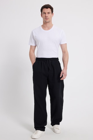 Tudors Erkek Baggy Fit Geniş Kesim %100 Pamuk Beli Lastikli Yandan Cepli Müslin Siyah Düz Pantolon-46259