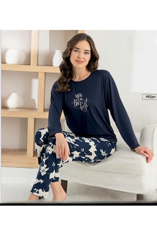 Pijamoni Kadın Milan Bisiklet Yaka Uzun Kol İnce Pijama Takımı 7600/22 - 1 Adet Lacivert