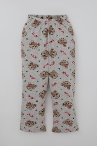 Breeze Kız Çocuk Pijama Takımı Sevimli Fiyonklu Ayıcık Desenli 7-11 Yaş, Açık Gri Melanj