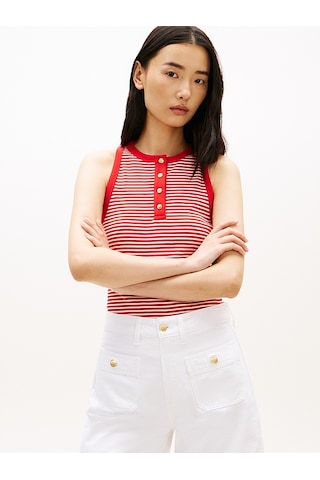 Tommy Hilfiger Gold Button Henley Top Kadın Kırmızı T-shirt - Ww0ww49251