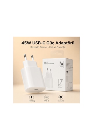 45w Usb-c Hızlı Şarj Adaptörü Beyaz Type-c Çıkışlı Kompakt Güç Adaptörü İphone 15 16 17 Pro Max Uyumlu