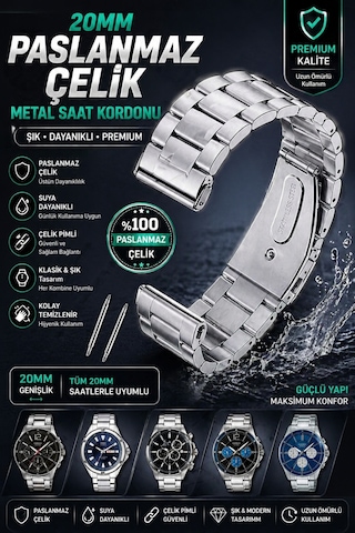 20mm Paslanmaz Çelik Metal Saat Kordonu Suya Dayanıklı, Çelik Pimli, Şık Ve Dayanıklı Diğer