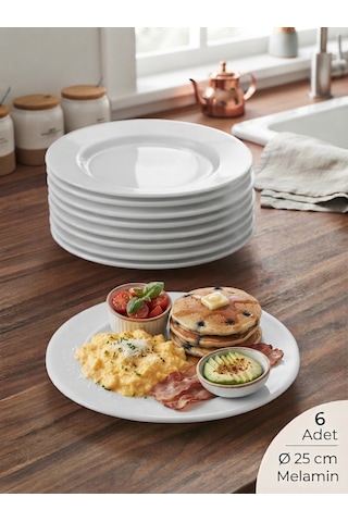 Biodata 6 Adet Polikarbon Beyaz Classic Düz Tabak Çizgi Pasta Yemek Servis Tabağı Ø 25 Cm Melamin