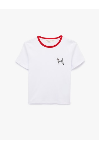 Koton Pamuklu Slim Fit Kısa Kollu Bisiklet Yaka Köpek Nakış Detaylı Tişört Beyaz 6sak50166ek