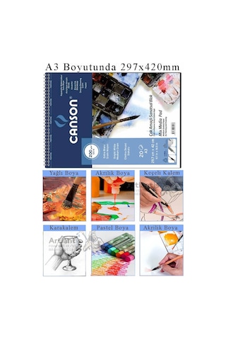 Çok Amaçlı Sanatsal Blok A3 297x420 Mm 200 Gr 20 Yaprak 1 Adet Canson Resim Defteri Akrilik Yağlı Guaj Keçeli Sulu Boya