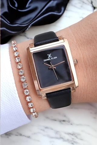 Siyah Deri Kayışlı Rose Gold Dikdörtgen Kasa Kadın Kol Saati, Taşlı Bileklik Hediyeli Rose Gold
