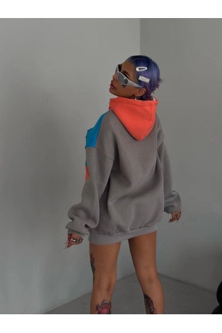Mbb E-ticaret Kadın W Nakış İşlemeli Kapüşonlu 3 İplik Pamuklu Parçalı Sweatshirt Hoodie - Mavi