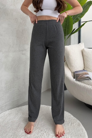 Kadın Füme Yüksek Bel Fitilli Bol Paça Günlük İnce Eşofman Altı Pijama Füme