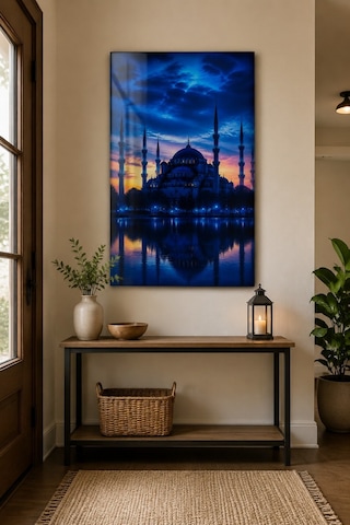 Sultanahmet Camii Baskılı Cam Tablo Mavi Akşam Uv Baskı Duvar Dekoru