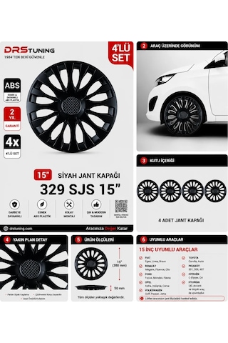 Renault Uyumlu 15 Inc Kırılmaz Parlak Siyah Jant Kapağı 1 Takım 4 Adet No:329