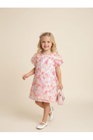 Zekids Kız Çocuk Çiçek İşlemeli Tasarım Elbise-17236 Renkli