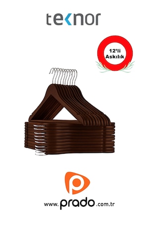 Teknor-prado 12 Adet Ahşap Görünümlü Plastik A Kalite Siyah Stil Elbise Askısı Kahverengi