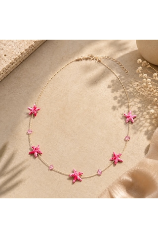 Premium Parlak Gold Renk Pembe Deniz Yıldızı Figürlü Boncuk Detaylı Zincir Kadın Bijuteri Kolye 45cm Altın