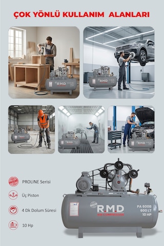 R.m.d Kompresör Pistonlu Hava Kompresörü 600 Lt 3 Kafa 8 Bar 10 Hp I Pa600b