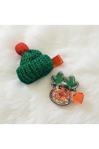Noel Temalı 2'li Toka Seti Şapka + Geyik Christmas Hair Clip Set-209 Yeşil