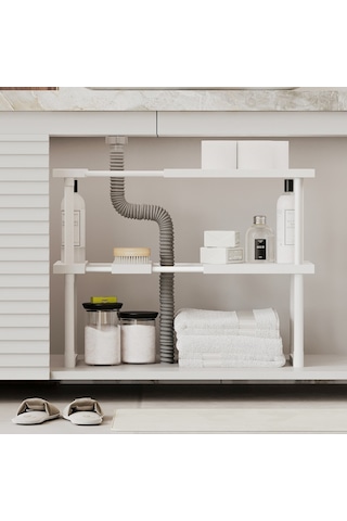 Ayarlanabilir Dolap Lavabo Altı Düzenleyici Raf Beyaz