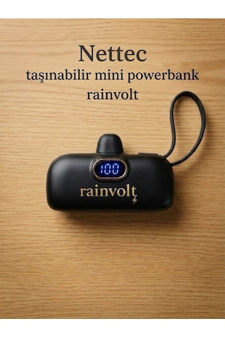Rainvolt Mini Kapsül Powerbank Led Dijital Göstergeli & Dahili Kablolu Taşınabilir Şarj Cihazı siyah