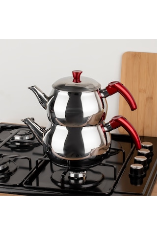 Porsima 4 Nolu Dayanıklı Aile Boy Paslanmaz Çelik Çaydanlık Takım Kırmızı