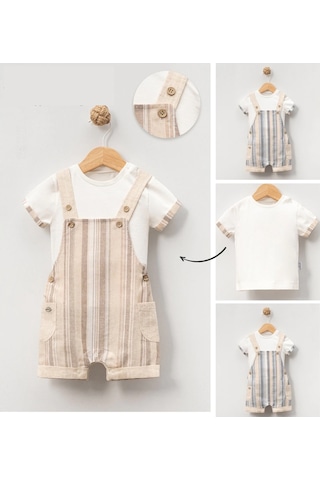 Yazlık Yan Cepli Salopet Bebe Erkek Tulum Bej