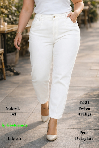 Cedy Denim Mom Fit Jean Büyük Beden Yüksek Bel Carrot Kesim Dar Paça Pileli Esnek Kot Pantolon C600 Beyaz-300