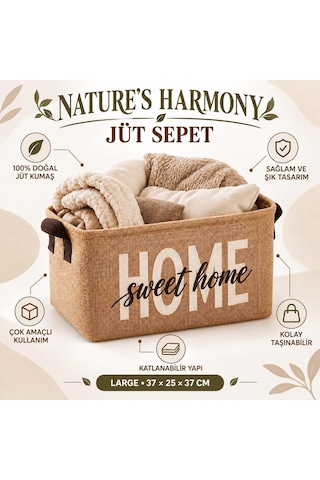 Harmony Home Sweet Home Doğal Jüt Düzenleyici Sepet Katlanabilir, Kulplu, Çok Amaçlı Saklama Kutusu 37 25 37 Cm - Büyük Boy