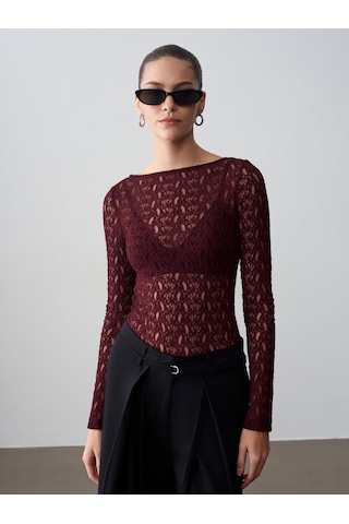 Dilvin 32763 Kayık Yaka Dantel Top-bordo