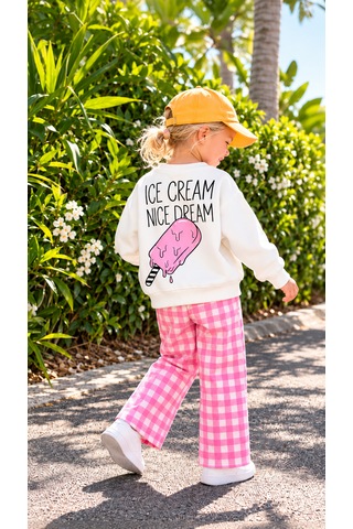 Elzo Collection Kız Çocuk İce Cream Baskılı Ekru Sweatshirt Kareli Pantolon Denim Kot Alt Üst Takım Çok Renkli