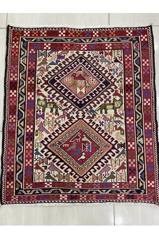 El Dokuma Şahseven Kilimi 84X100 Aslan Figürlü %100 Yün Kilim ! Kırmızı