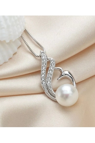 Brezza Lusso Jewelry Gümüş Doğal Inci Kuğu Model Kadın Gümüş Kolye 45 CM