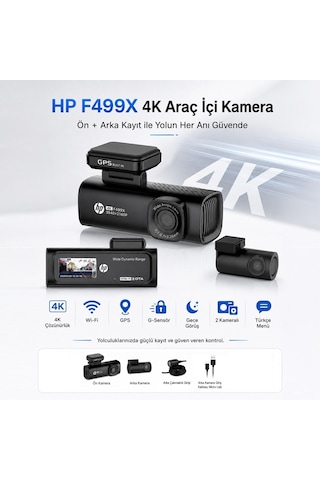 Hp F499x 4k Wdr, Araçiçi Ön + Arka Kamera, 1.5 Inch Renkli Lcd Ekran, Gps Li, Wi-fi Destekli