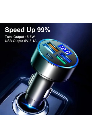 Port Usb Type C Telefon Hızlı Şarj Led Dijital Ekran Şarj Cihazı 4 Usb-siyah