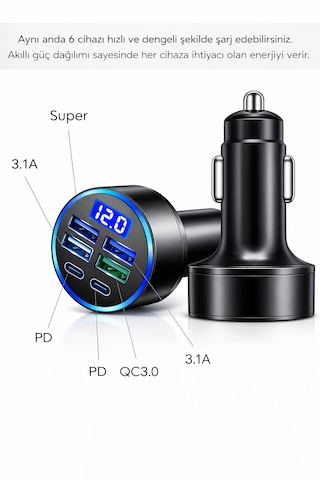66w Akıllı Dijital Ekranlı 2pd + 4usb Çoklu Araç Şarj Cihazı Tek Dokunuşta Çoklu Şarj Deneyimi