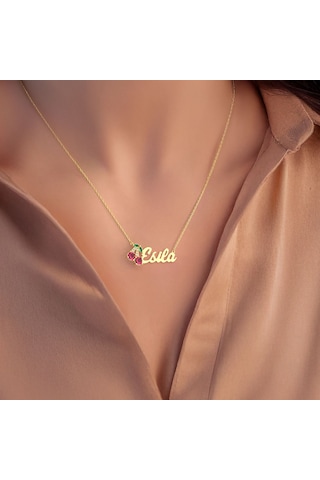 Taşlı Kiraz İsimli Altın Kaplama Gümüş Kolye Gold