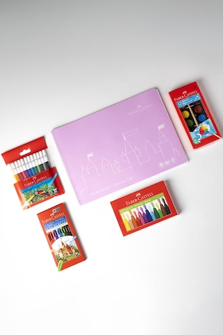 Faber-Castell Boyama Seti ve 25x35 Resim Defteri – Sulu, Pastel, Keçeli, Kuru Boya ile (Karma Renk Gönderilir)