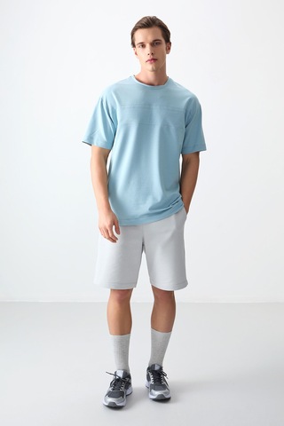 Air Jones Tommy Life Açık Mavi Pamuklu Kalın Yumuşak Dokulu Oversize Fit Basic Erkek T-shirt - 88378 Açik Mavi