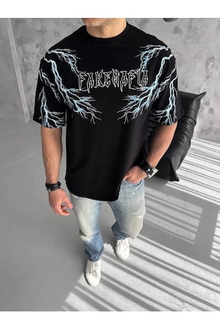 Valensdesign Unisex Bisiklet Yaka Baskılı Oversize T-shirt-siyah