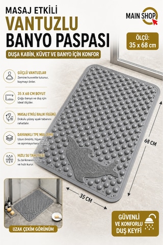 Mainshop 1 Adet Vantuzlu Banyo Ve Duş Kaydırmazı Duşa Kabin Küvet Içi Paspası Balık Desenli 35 X 68 Cm M-10 Gri
