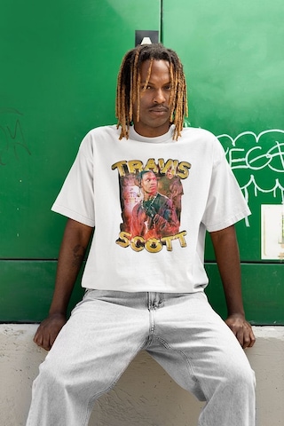 Travis Scott Rapper Baskılı Unisex Oversize Tişört Beyaz