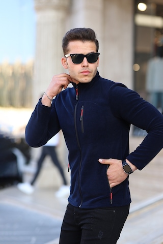 Kozik Lacivert Standart Kalıp Tam Fermuarlı 3 Çepli Erkek Polar Lacivert