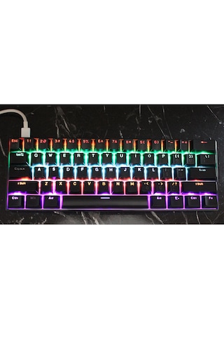 H61k Mini Mekanik Kablolu Gaming Oyuncu Klavye Türkçe Q Blue Switch 12 Ad Rgb Led Işık Modlu 61 Tuşlu Siyah