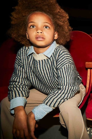 Kız Çocuk Çizgili Triko Kazak Yeşil Charcoal Melange