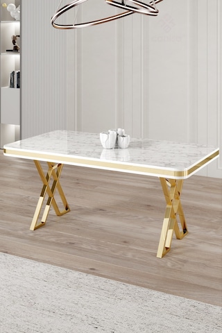 Canisa Vals Serisi 80x130 Cm Lak Panel Sabit Masa Beyaz Mermer Desen Gold Ayaklı Masa Beyaz Mermer Desen Ayaklar Gold