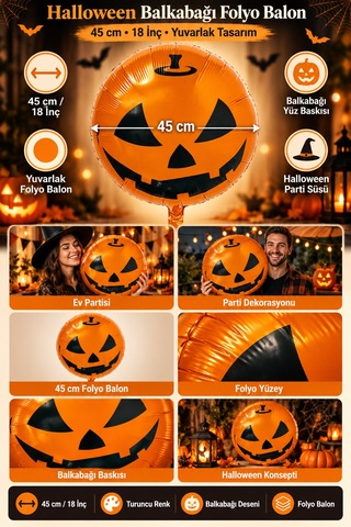 Halloween Cadılar Bayramı Balkabağı Yüzlü Folyo Balon 45 Cm 18 İnç Turuncu Yuvarlak Parti Süsü Çok Renkli