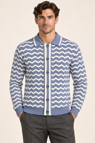 Tarz Cool Erkek Polo Yaka Zikzak Desenli Düğmeli Triko Hırka Akrilik Karışımlı Slim Fit Mavi