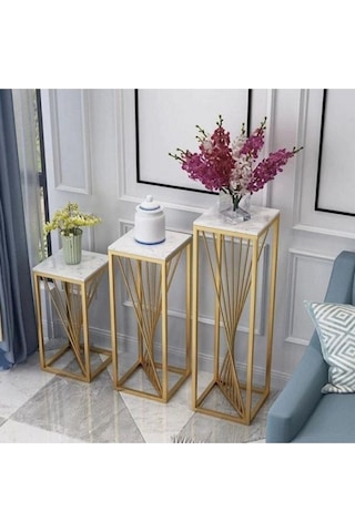 Beli Metal Gold Üçlü Set Çiçeklik Ve Saksılık