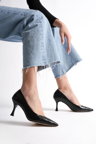 Alewomen Siyah Krokodil Desenli Deri Alçak 8 Cm Topuk Shoper Stiletto Topuklu Kadın Ayakkabı Siyah Kroko