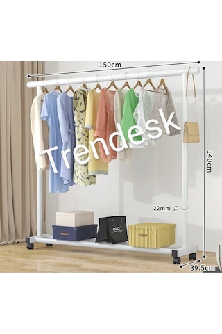 Metal Beyaz Konfeksiyon Askısı Ayaklı Askılık Elbise Askılığı Tekerlekli 150 140cm Beyaz