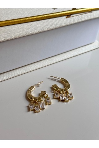 Altın Kaplama Baget Taşlı Sallantılı Halka Çelik Küpe Altın